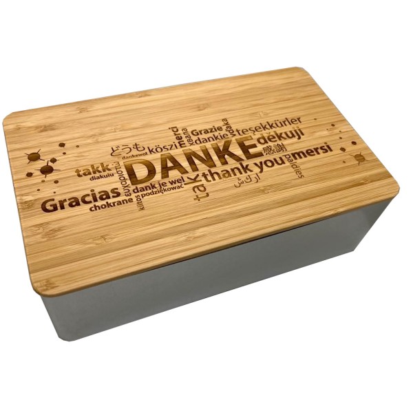 Dose mit Holzdeckel und Gravur "Danke"