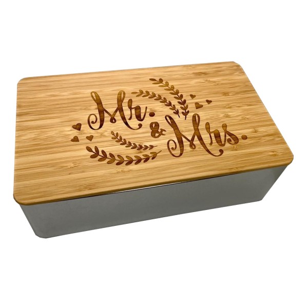 Dose mit Holzdeckel und Gravur "Mr& Mrs"